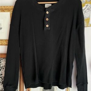 Mate The Label Black Long Sleeve Button Down Henley Waffle Thermal Shirt